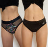 Pack de 2 Aluna calzones menstruales: 1 clásico más 1 Flower tiro corto con estampado de colores y transparencia, frente, flujo medio, absorbente, hipoalergénico, antibacteriano, absorbente