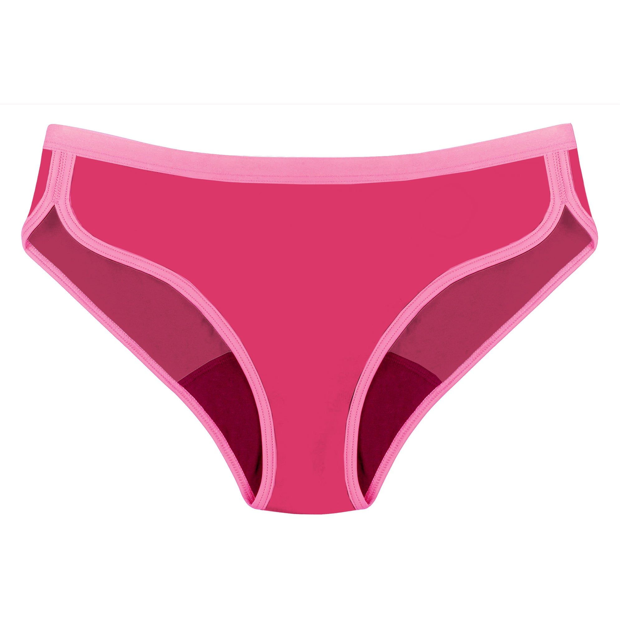 Aluna calzón menstrual tiro bajo Sport Fucsia con detalles rosados, frente, flujo alto, en oferta, absorbente, hipoalergénico, antibacteriano, absorbente